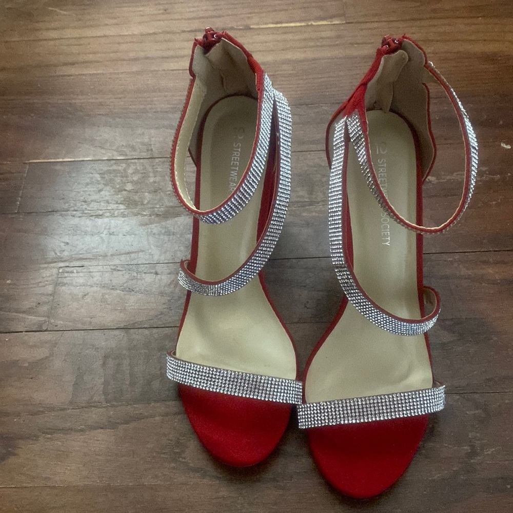 Red rhinestone block heels